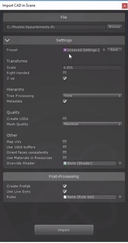 PiXYZ Plugin import window. Note: You should not have a preset file (above the cursor) in your import window. This was taken from our import settings exercise.