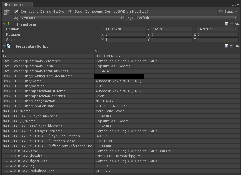 Metadata in the Metadata script component imported in with the Compound Ceiling GameObject.