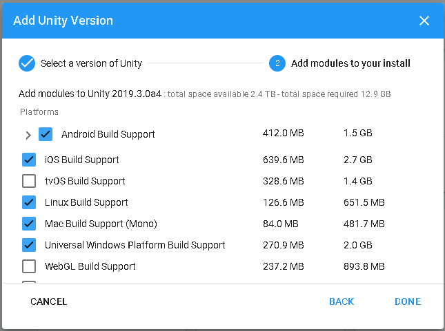 図 04:新しい Unity のインストールへのモジュールの追加