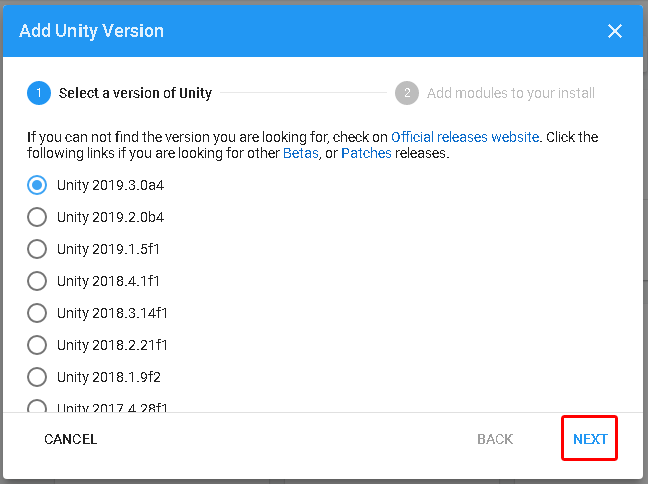 図 03:新しいバージョンの Unity のインストール