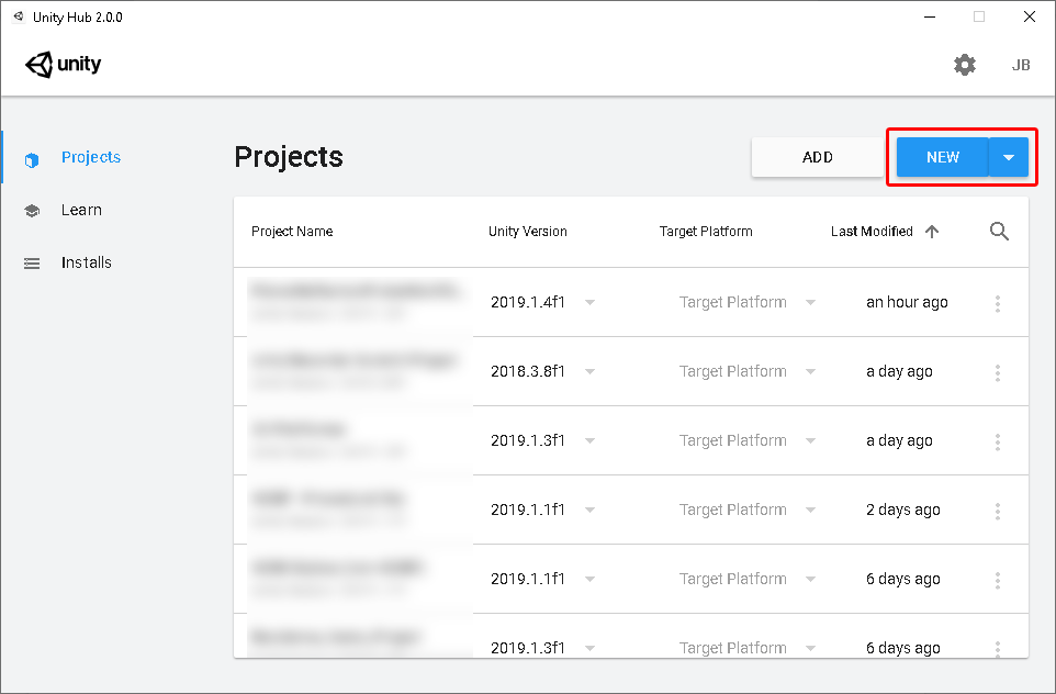 図 06:Hub の上部にある「New」ボタンをクリックして新しいプロジェクトを作成します。