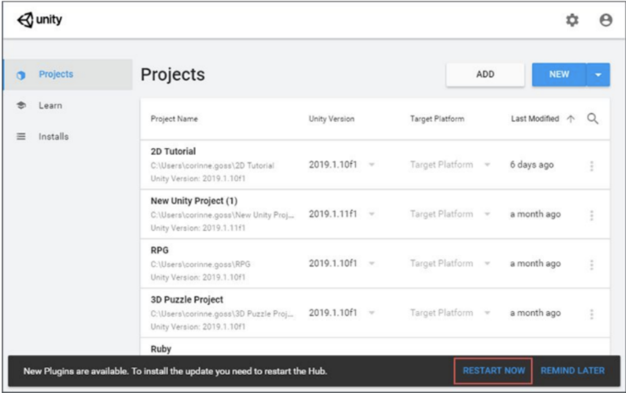 Figure 01: Industrial Hub prompting the user to restart in order to update plug-ins