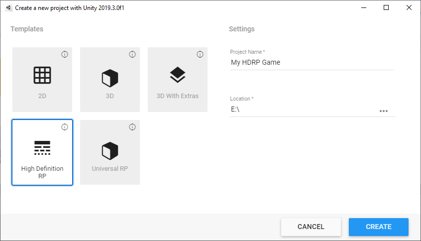 Creating a New Project in HDRP - 2019.3