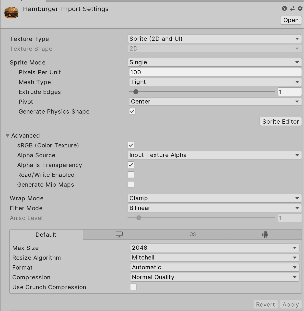 Figure 02: The default import settings for Sprites. Be sure to apply any changes you make to the settings by clicking Apply in the lower right corner. If you forget Unity will prompt you and offer to apply changes.
