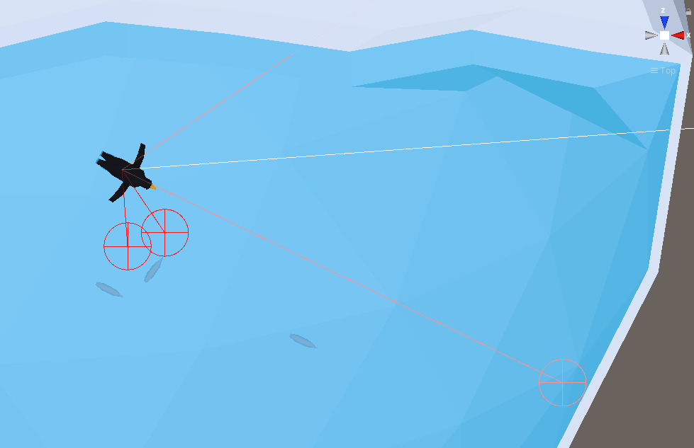 Figure 06: Penguin spherecasts as seen in the Scene view while the game is playing