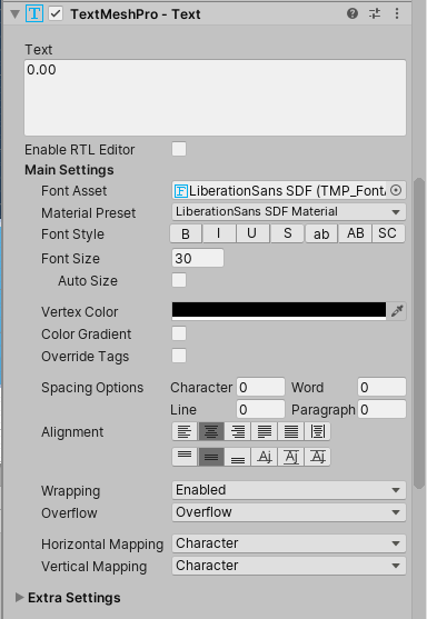 Figure 14: TextMeshPro settings in the Inspector
