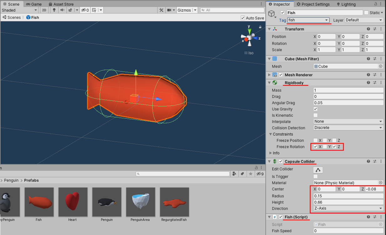 Figure 02: The fish, with all changes in the Inspector highlighted