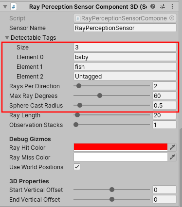 Figure 05. Inspector changes for the RayPerceptionSensorComponent3D on the Penguin