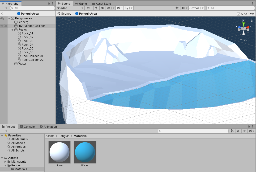 Figure 10: The PenguinArea with Snow and Water Materials applied.