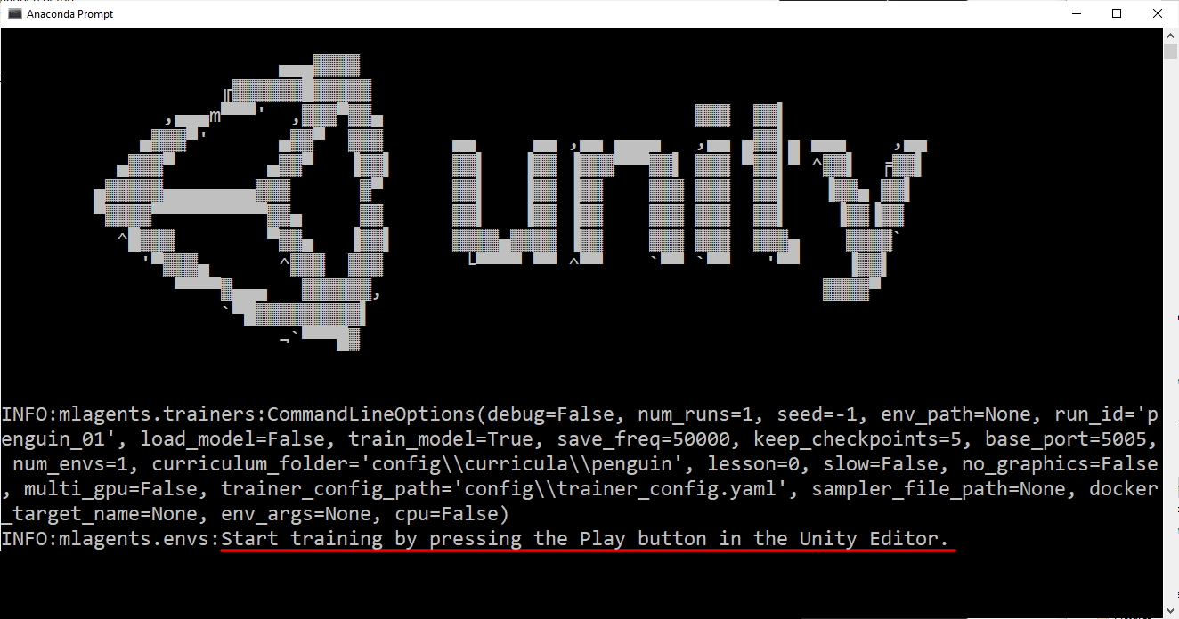 Figure 01: Anaconda prompt window: mlagents-learn is waiting for you to press the Play button.