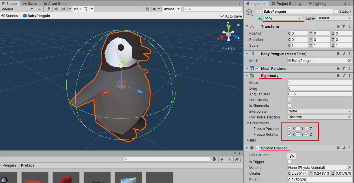 Figure 01: The BabyPenguin, with all changes in the Inspector highlighted