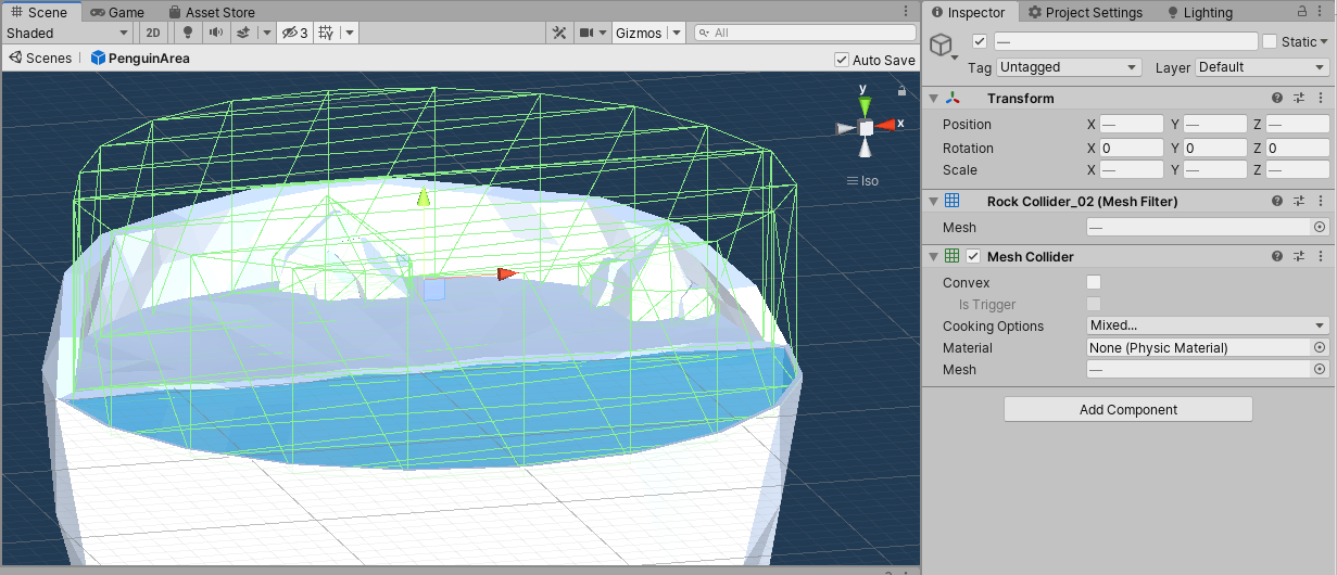 Figure 09: Newly added Mesh Colliders on the three collider objects