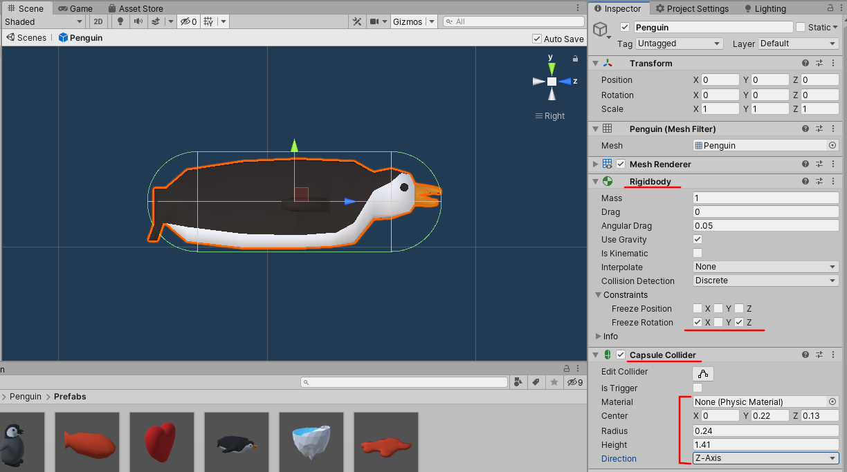 Figure 03: The Penguin, with changes for Rigidbody and Capsule Collider in the Inspector highlighted