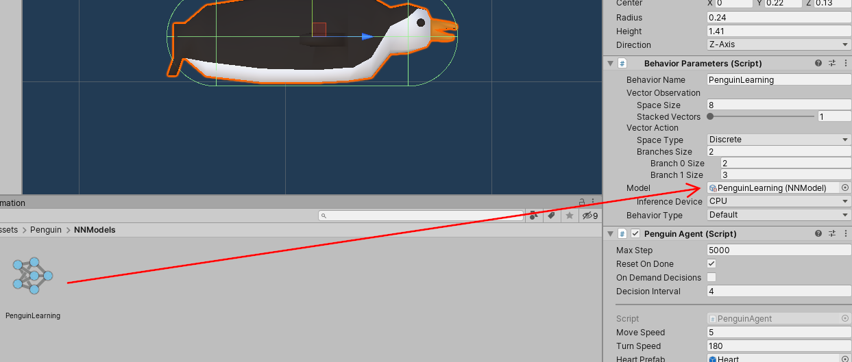 Figure 07: Drag the PenguinLearning nn model into the Model field of BehaviorParameters on the Penguin.