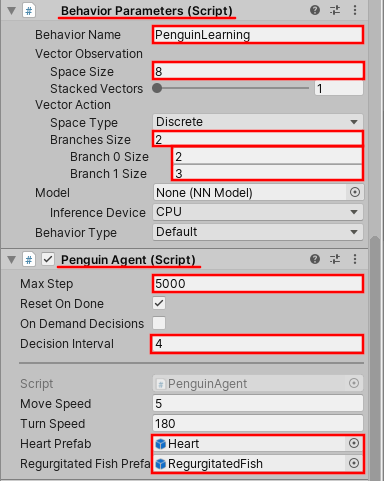 Figure 04: Inspector changes for the Behavior Parameters and PenguinAgent components on the Penguin prefab