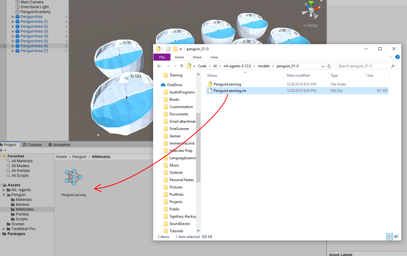 Figure 06: Drag PenguinLearning.nn into the NNModels folder in Unity