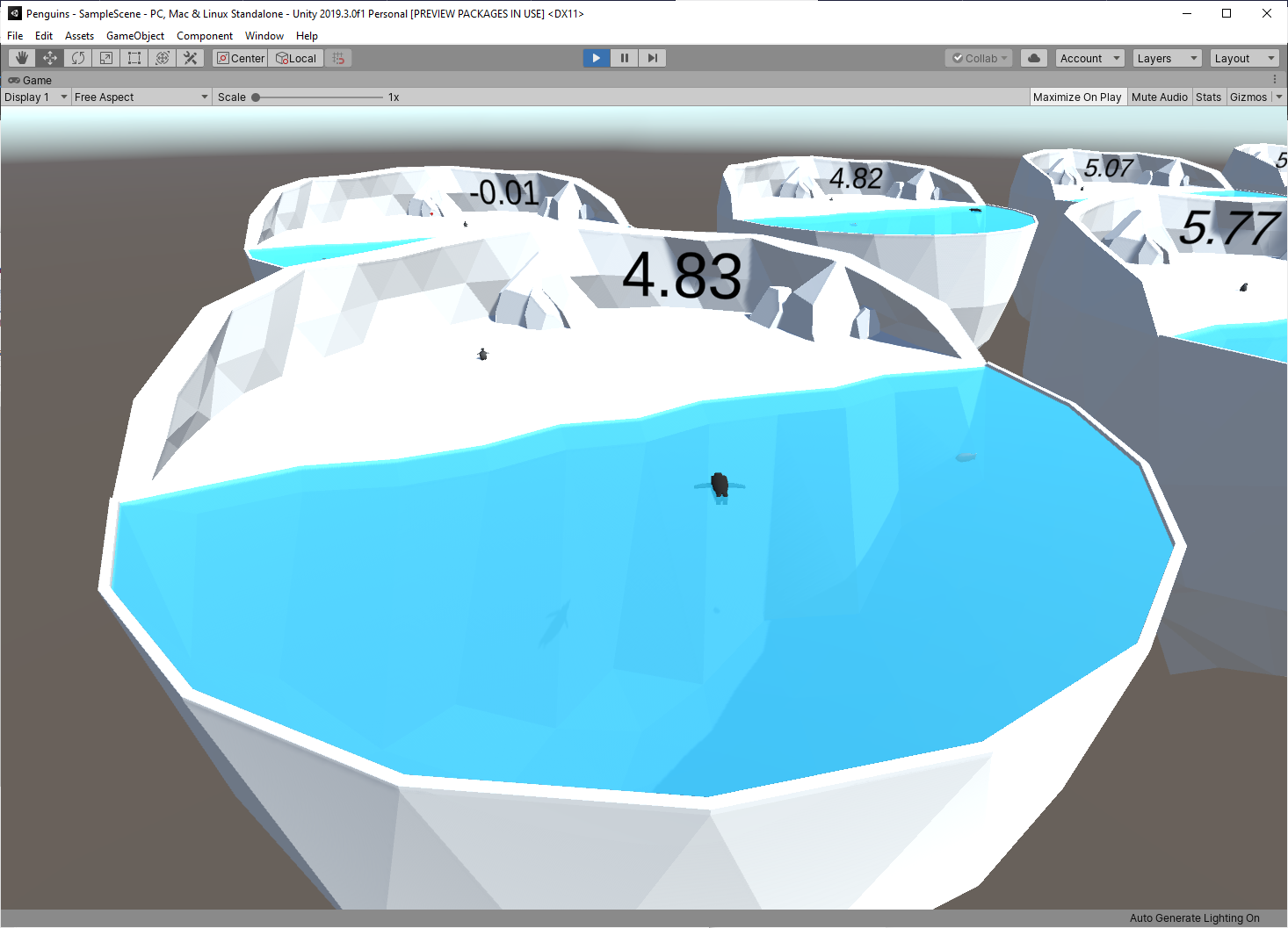 Figure 08: Penguins collecting fish using neural networks to make decisions