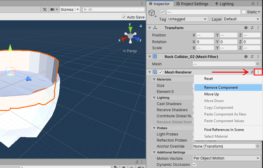 Figure 08: Removing the Mesh Renderer from the Collider objects