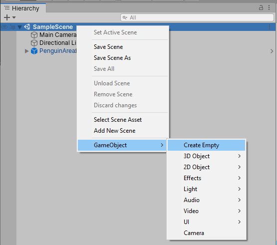 Figure 18: Create an empty GameObject in the Scene to be renamed PenguinAcademy.