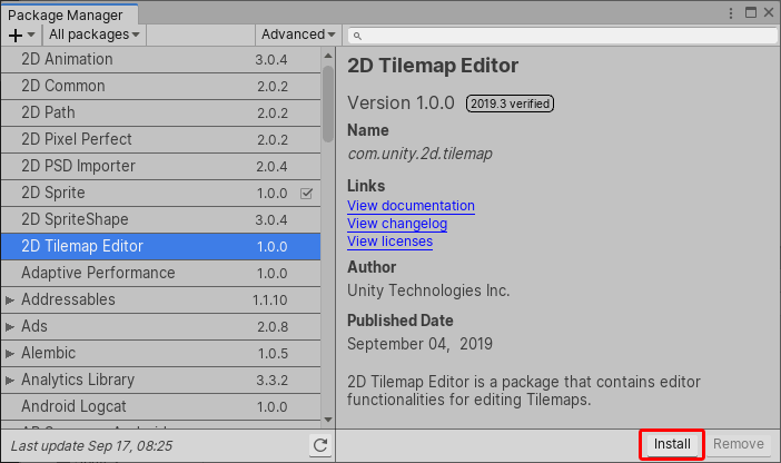 Figure 02: Installing the 2D Tilemap editor