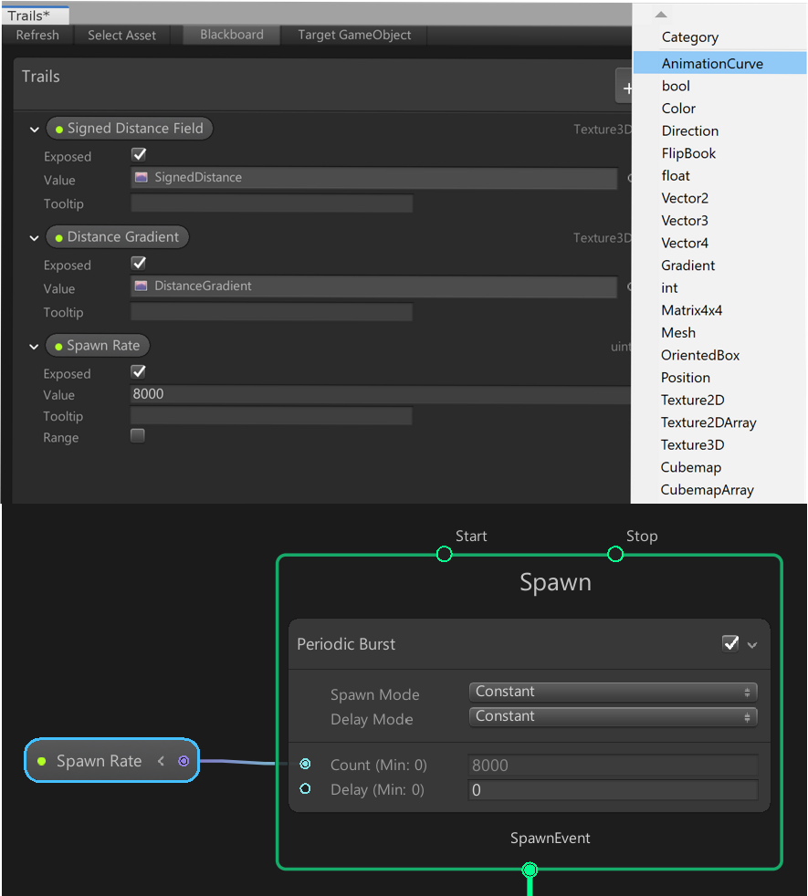 Figure 05: These data types correspond directly to the data types one would declare in a traditional Shader-based particle system. Note how the Spawn Rate variable is used to drive the Count property of the Periodic Burst Block.