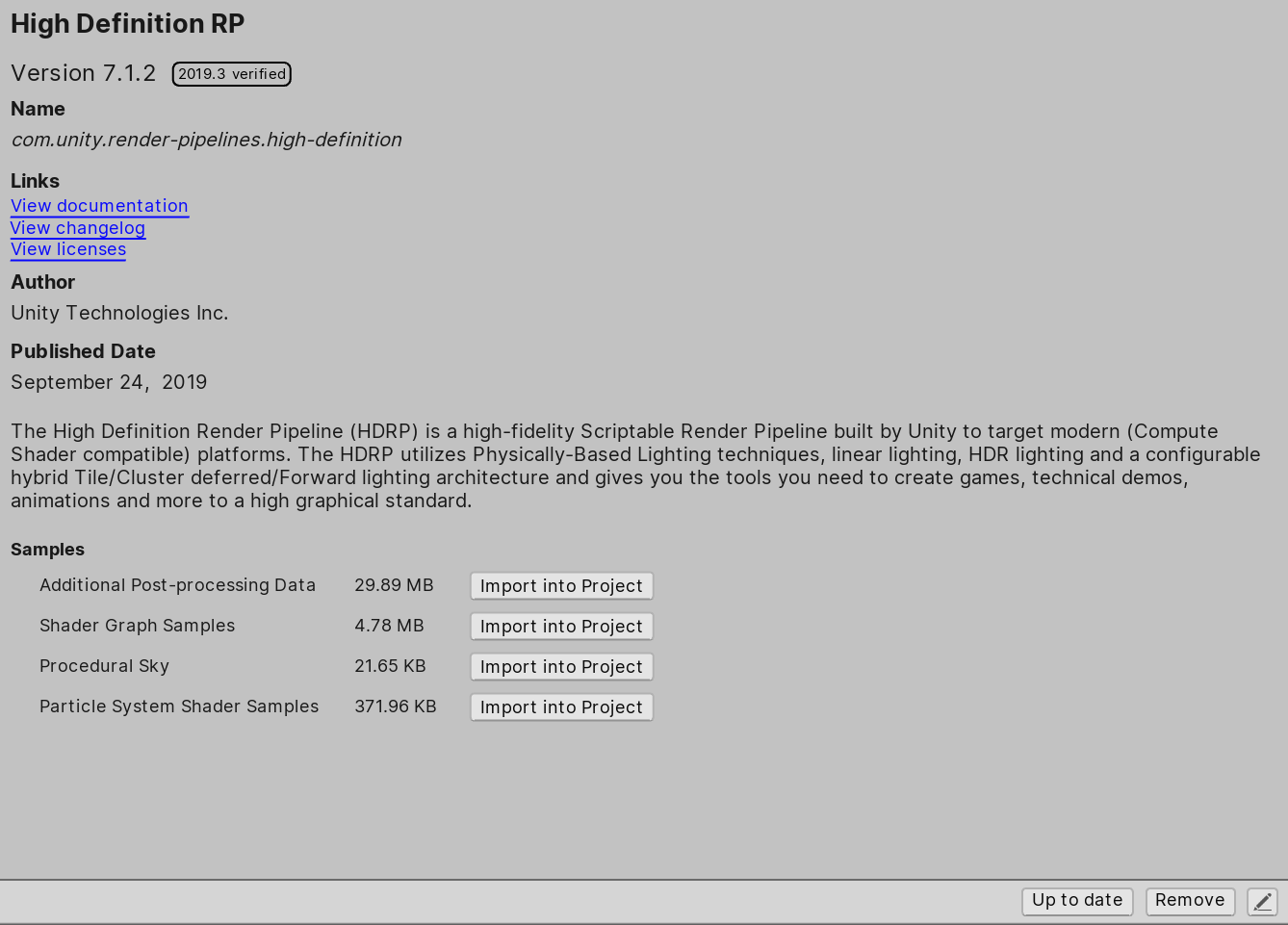 Figure 01: Installing the HDRP package in Unity 2019.3