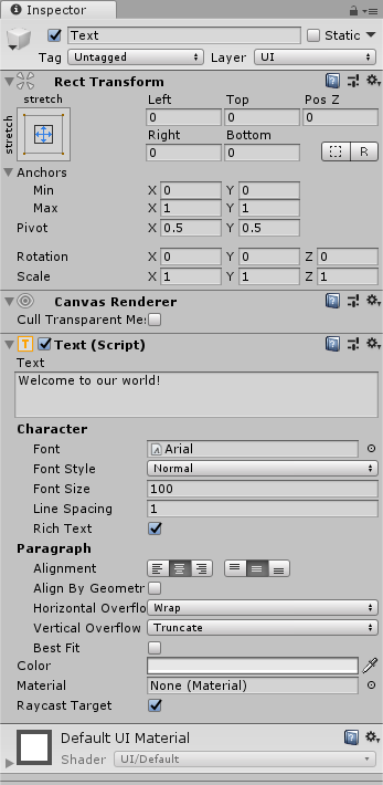 Attributes of the Text GameObject after adding text to the Panel