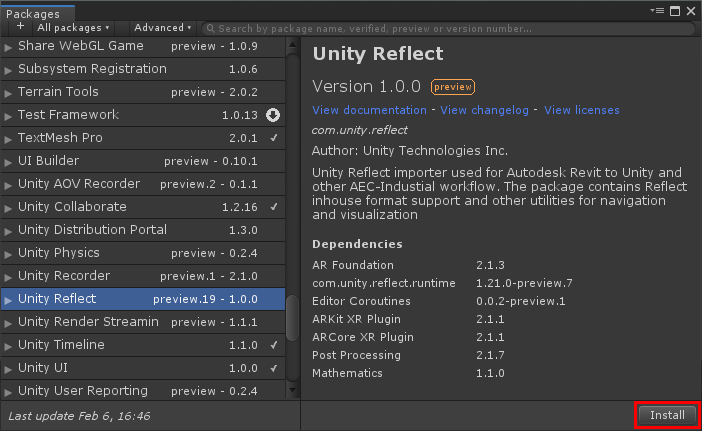 Figure 03: Installing the Unity Reflect package