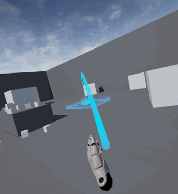 The user can point the controller (see the blue line) and click to move directly to, or teleport to, that location.