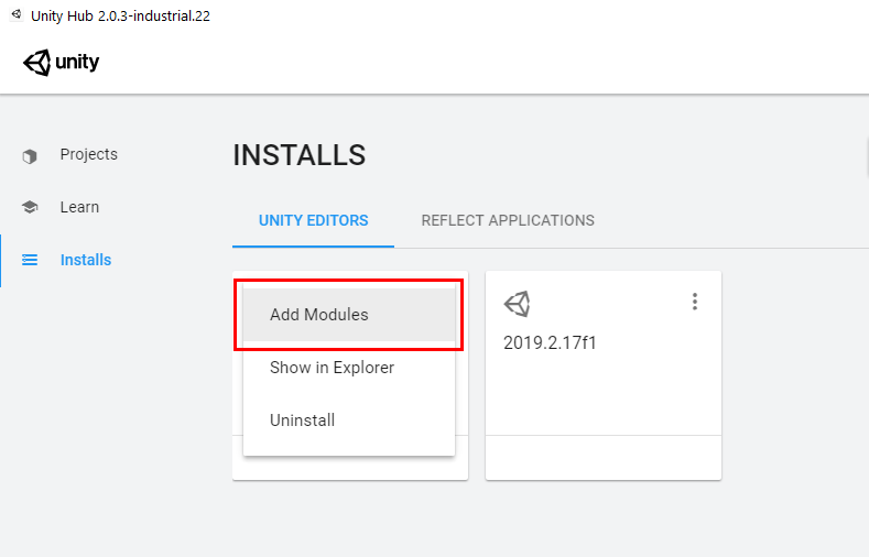 Figure 02: Adding modules to an existing installation in the Unity Hub