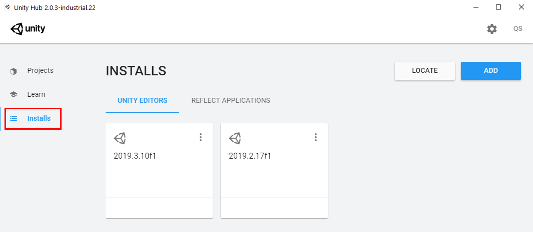 Figure 01: Locate the Installs section on your Unity Hub