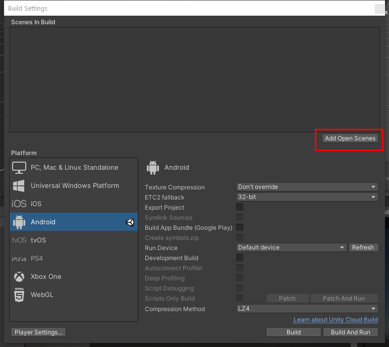 Figure 16: Adding the default Scene to the application build