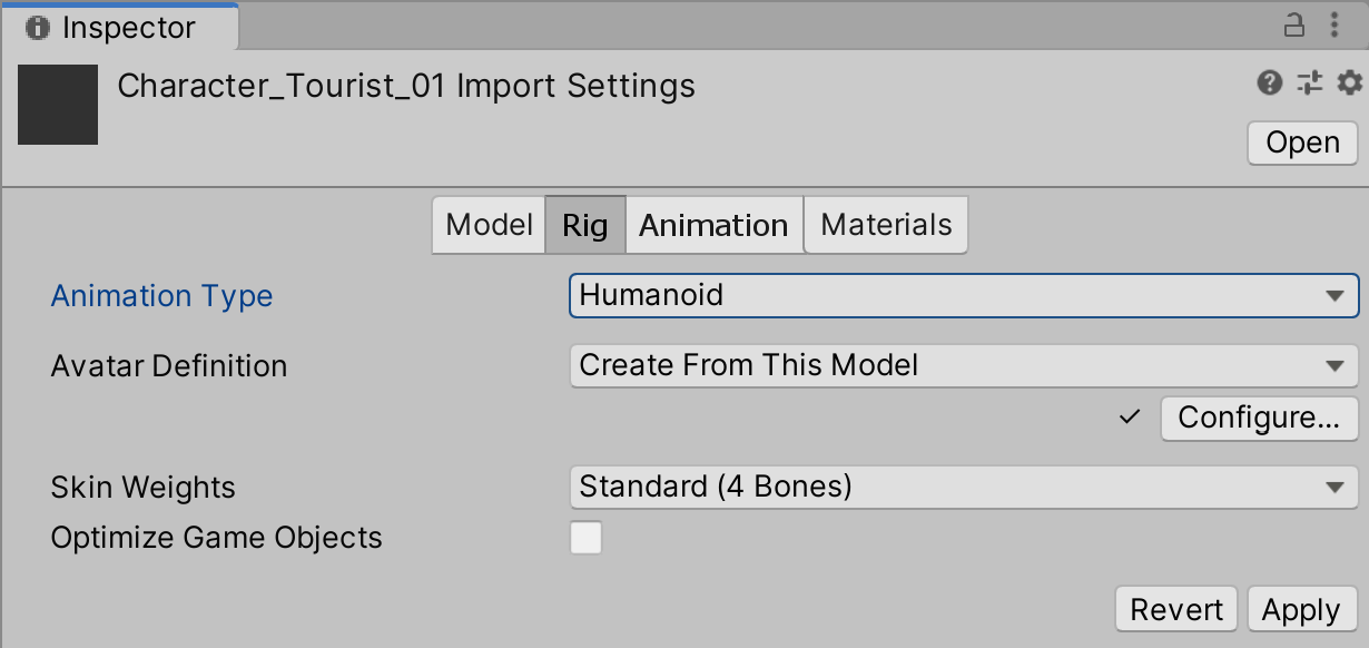 Figure 01: Configuring the tourist character to use the Humanoid rig
