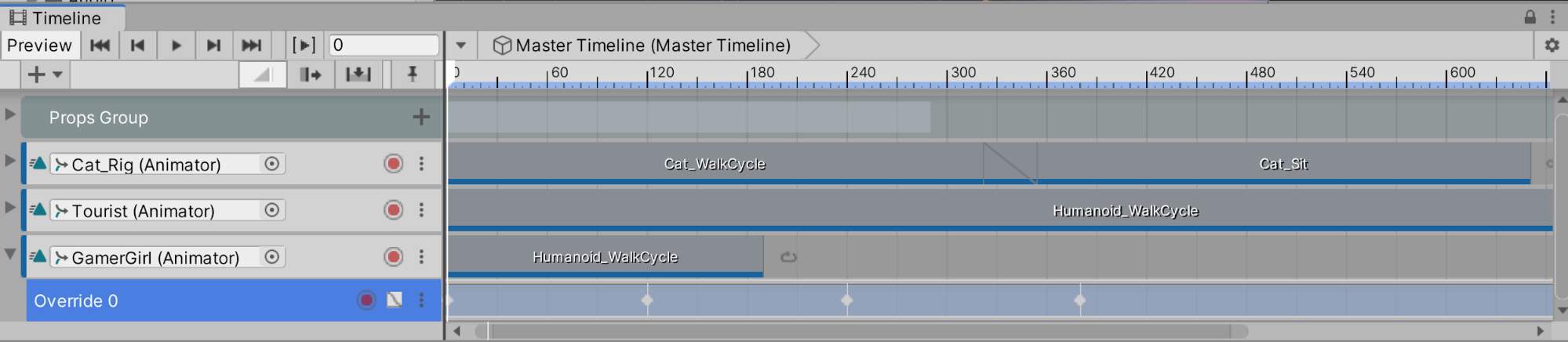 Figure 22: Notice how our Override Track has four keyframes instead of the usual two. These frames allowed us to create additional points along the character's trajectory so she doesn’t travel in a straight line.