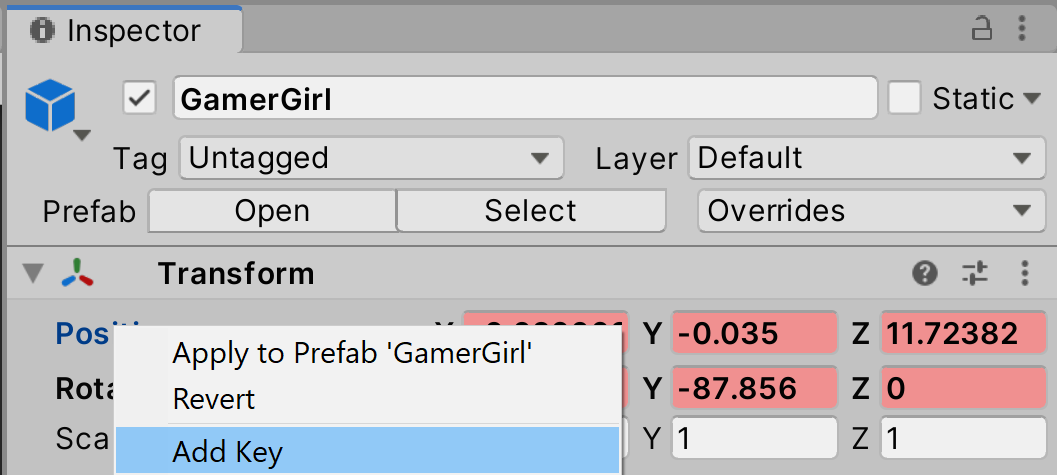 Figure 18: Adding a key to the character's position property to counter-animate her position in the Scene