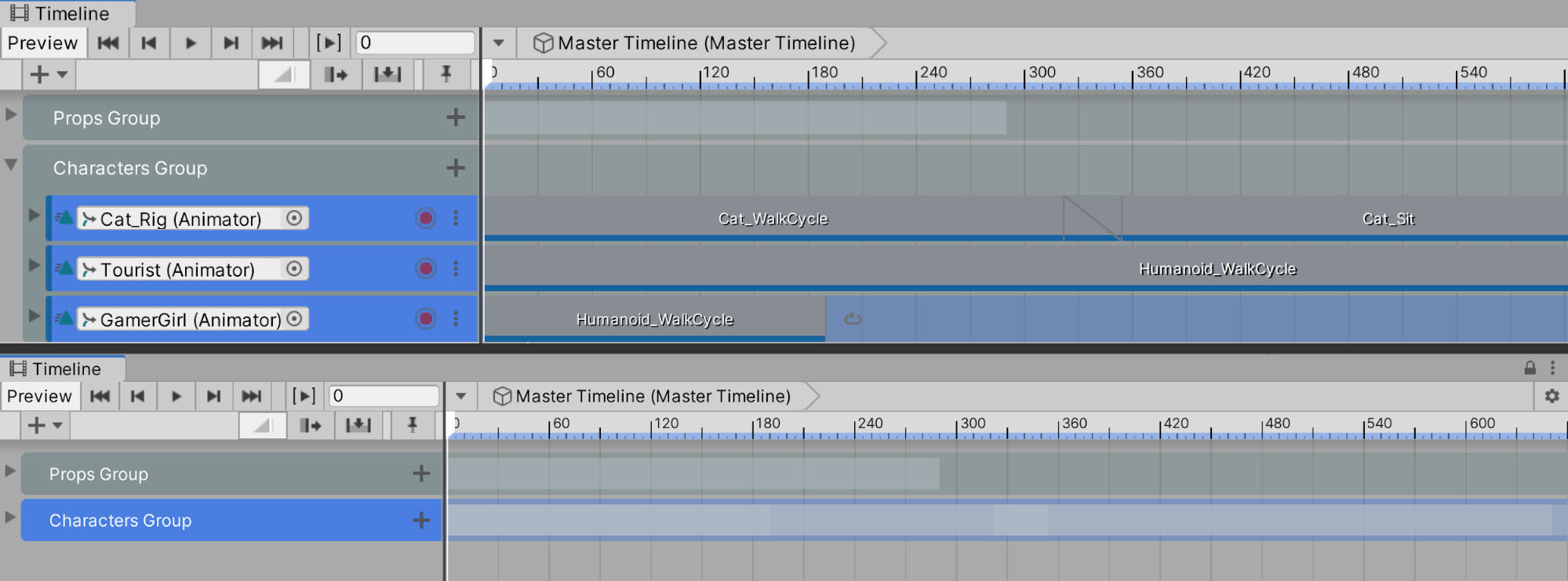 Figure 25: The three Animation Tracks nested within the new Characters Group