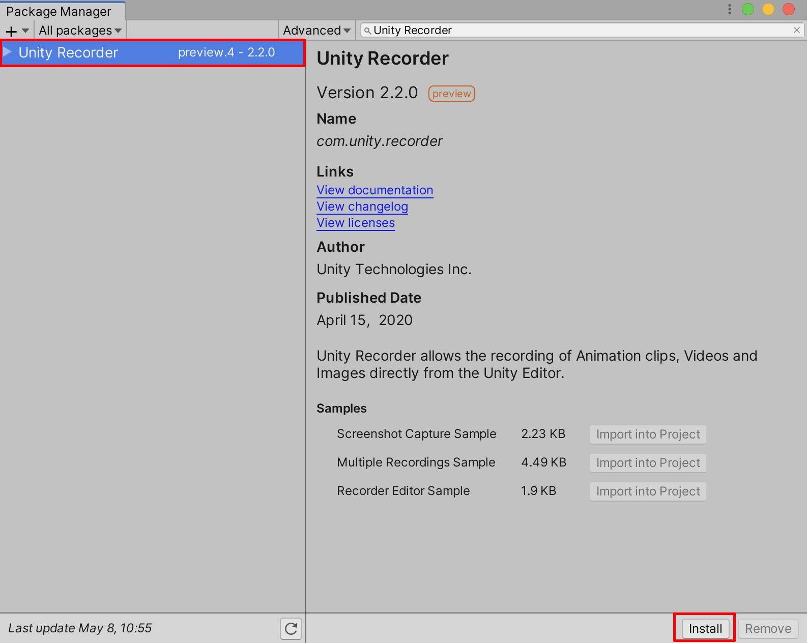 Figure 02: Installing the Unity Recorder Package
