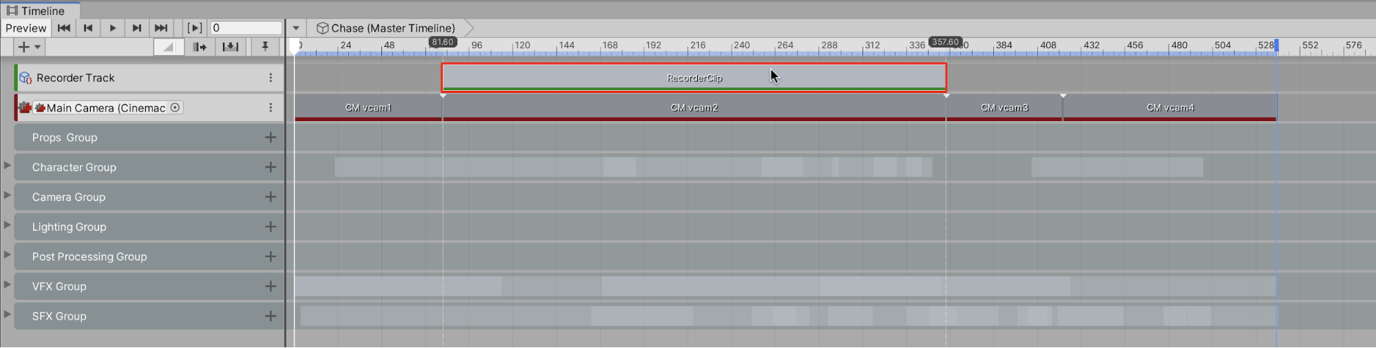 Figure 06: The Recorder Clip trimmed and set to export only the second Cinemachine Virtual Camera’s shot