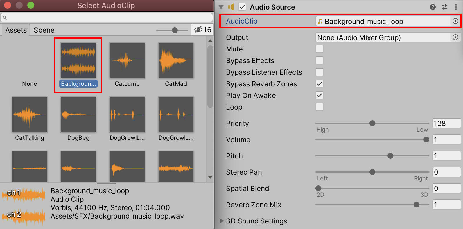 Figure 05: The audio file applied to the AudioClip field in the Inspector