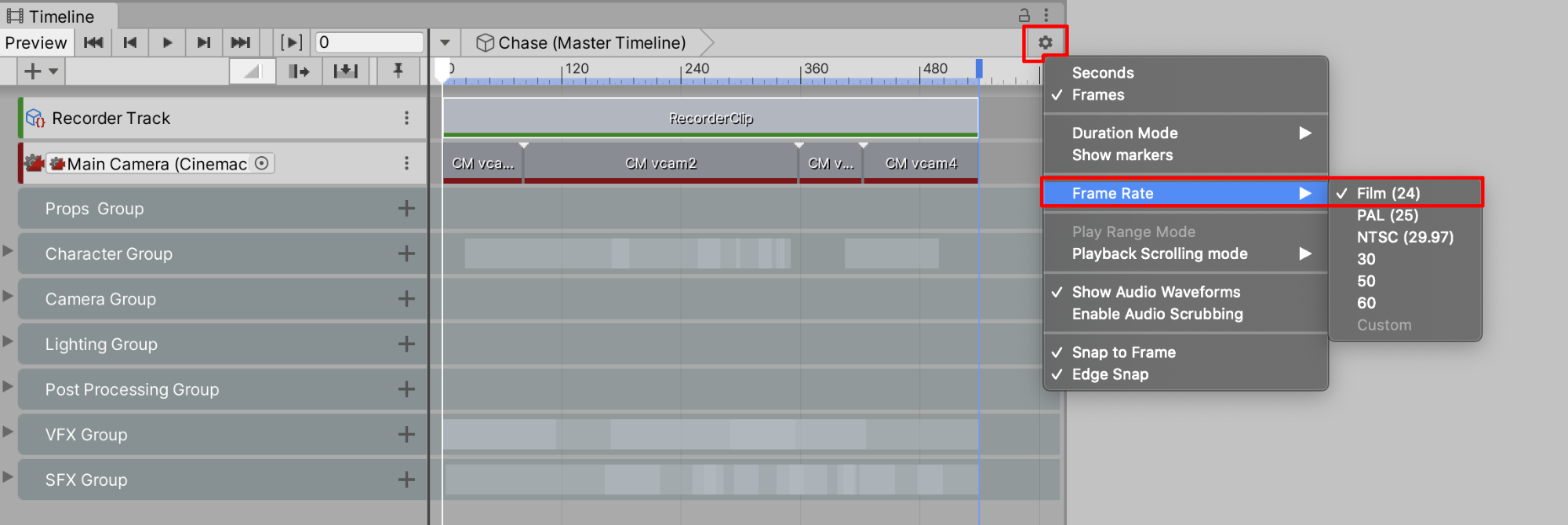 Figure 08: The Timeline window’s Frame Rate options