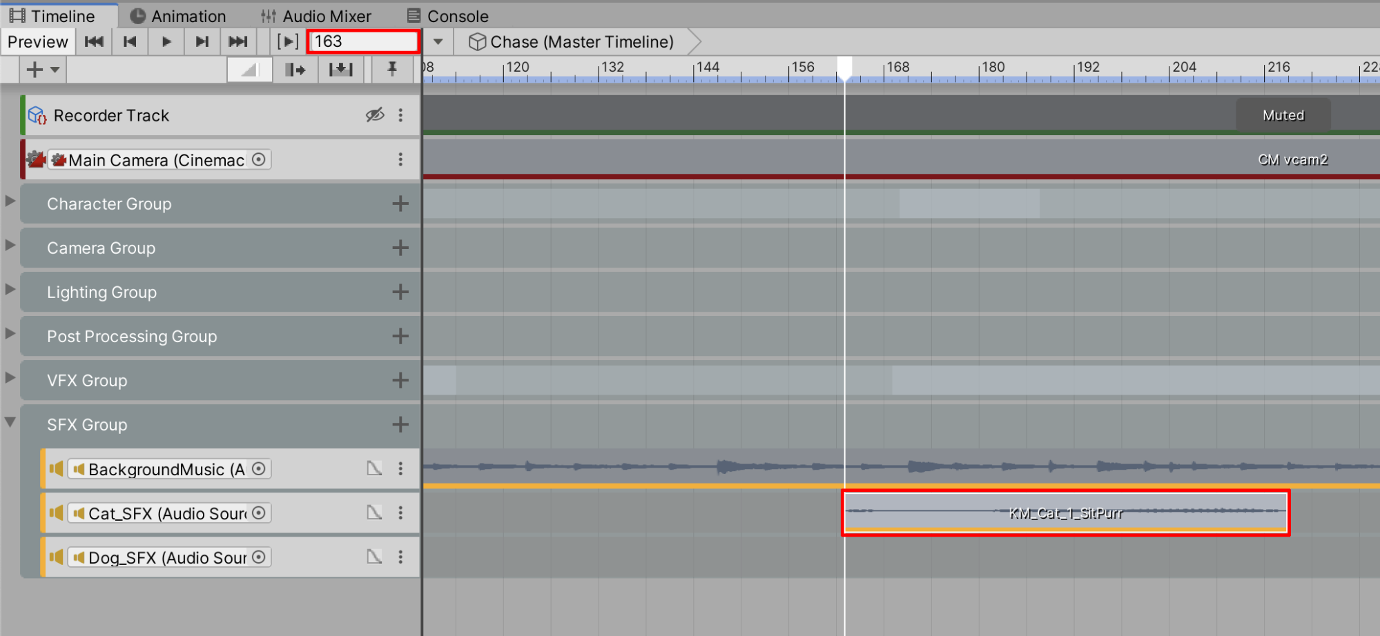 Figure 29: The cat’s audio clip arranged to start playing at Frame 163.