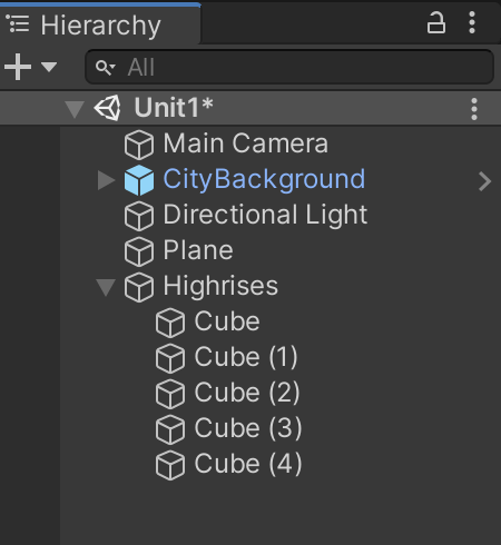 Figure 09: The Highrise GameObject with the Cubes nested underneath.