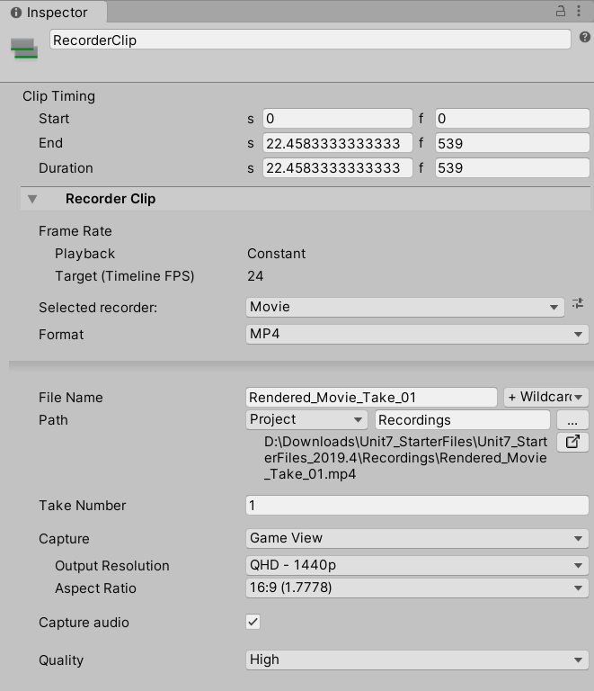 Figure 09: The Recorder Clip’s render settings in the Inspector