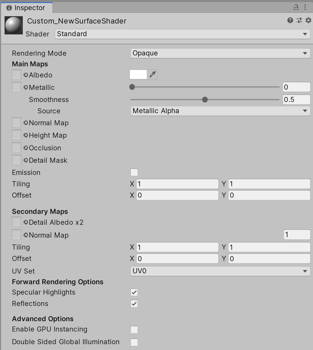 Figure 05: A look at our Material in the Inspector. Note, these are all the properties that belong to Unity’s Standard Surface Shader. They will vary depending on the kind of Shader used.