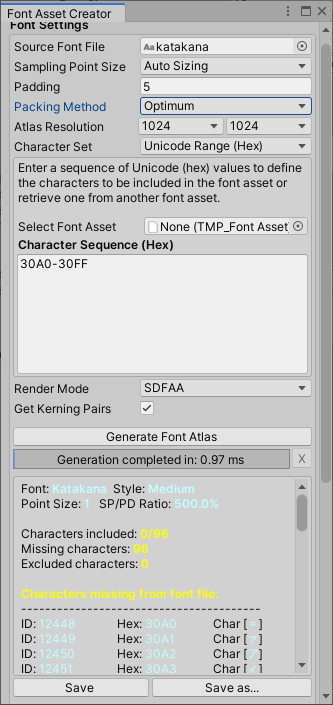 Figure 02: A newly created Font Asset containing the Japanese Katakana character set.
