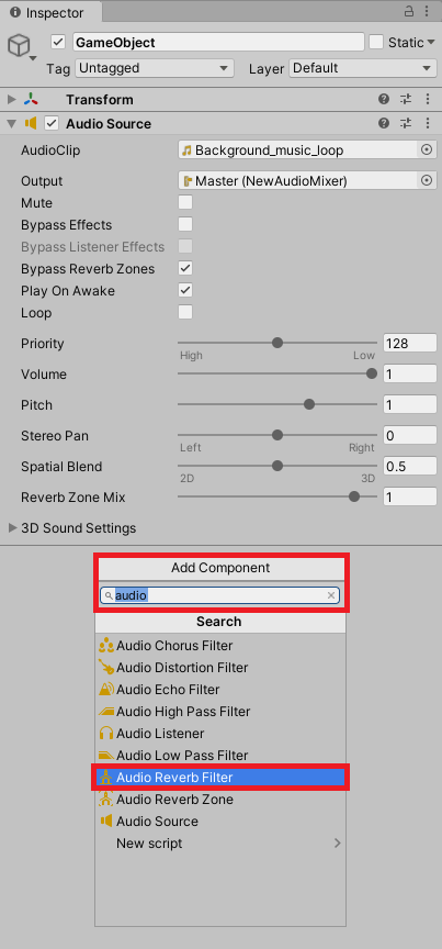 Figure 16: Adding an Audio Reverb Filter component 