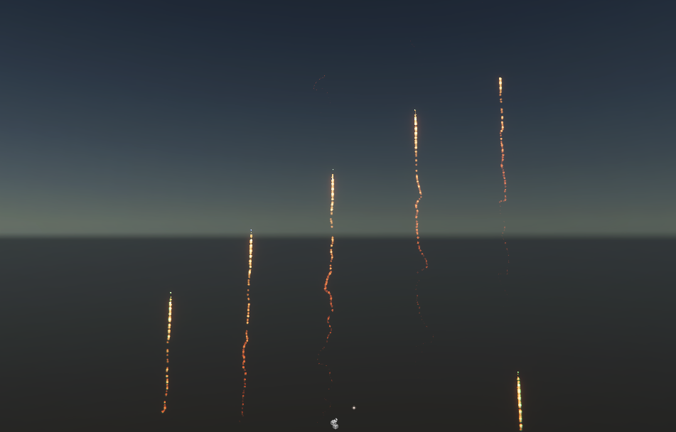 Figure 01: A fireworks display effect in which particles are spawned from different positions