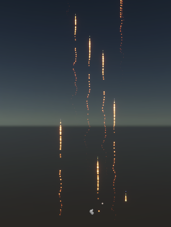 Figure 04: The firework effect in Scene view after increasing the spawning box size