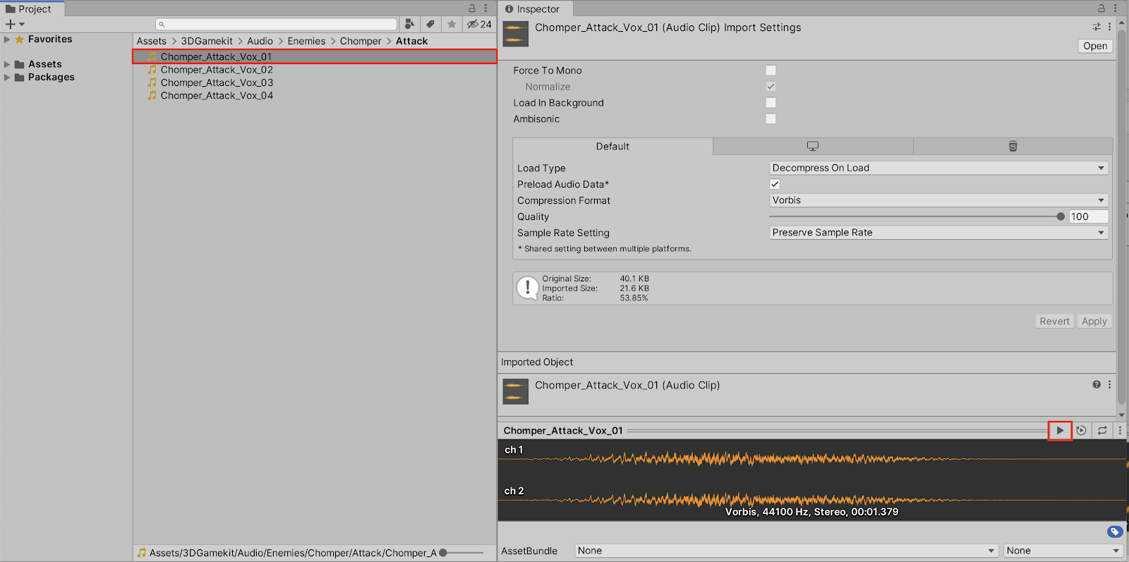 Listening to an audio file in the Inspector
