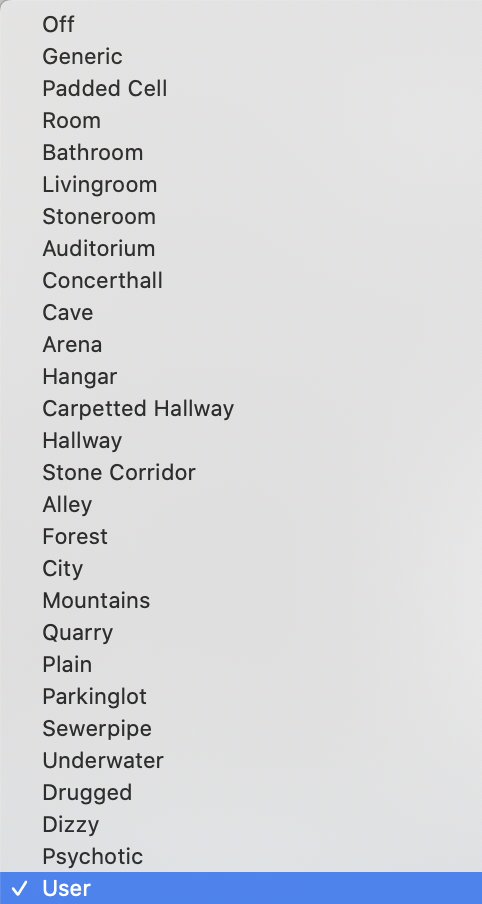 Reverb Preset drop-down menu options